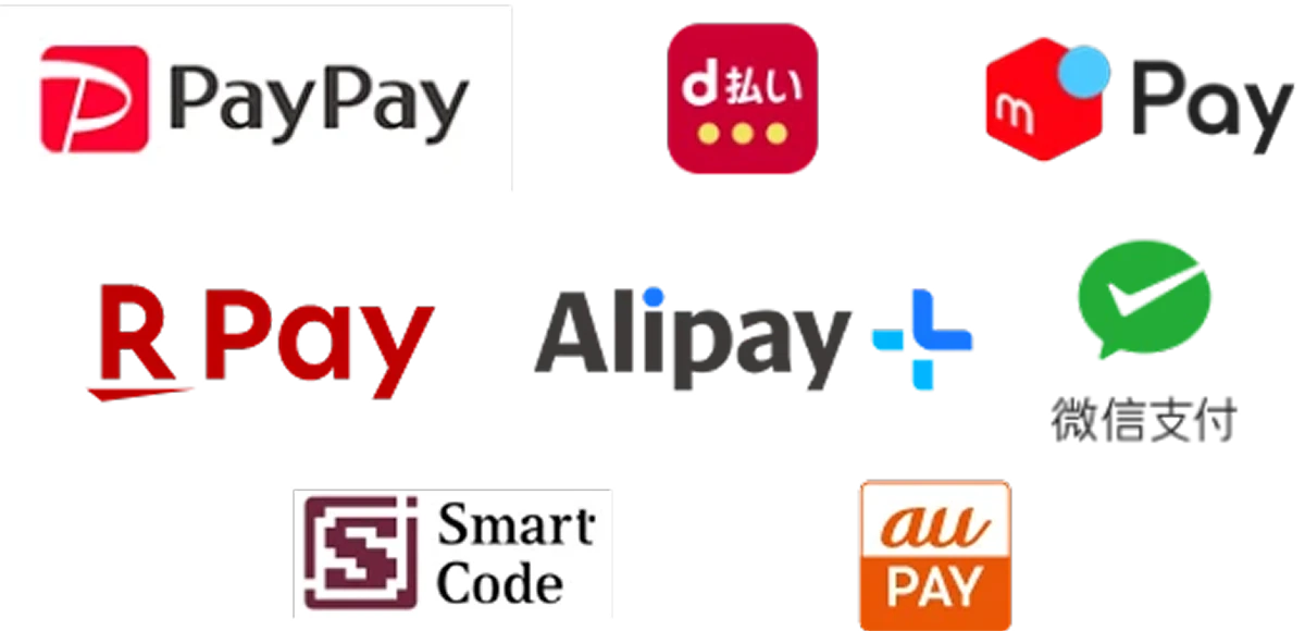 PayPay、d払い、メルペイ、楽天ペイ、Alipay、微信支付(WeChat Pay)、Smart Code、au PAYのキャッシュレス決済サービスのロゴ