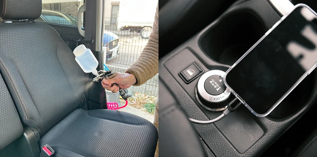 車のシートを除菌清掃している様子と車内装備